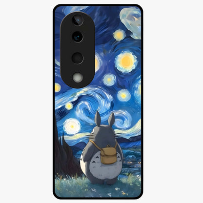 Totoro In Van Gogh Art Glass Case showing flat back view with whimsical character artwork inspired by Van Gogh style and glossy glass finish.