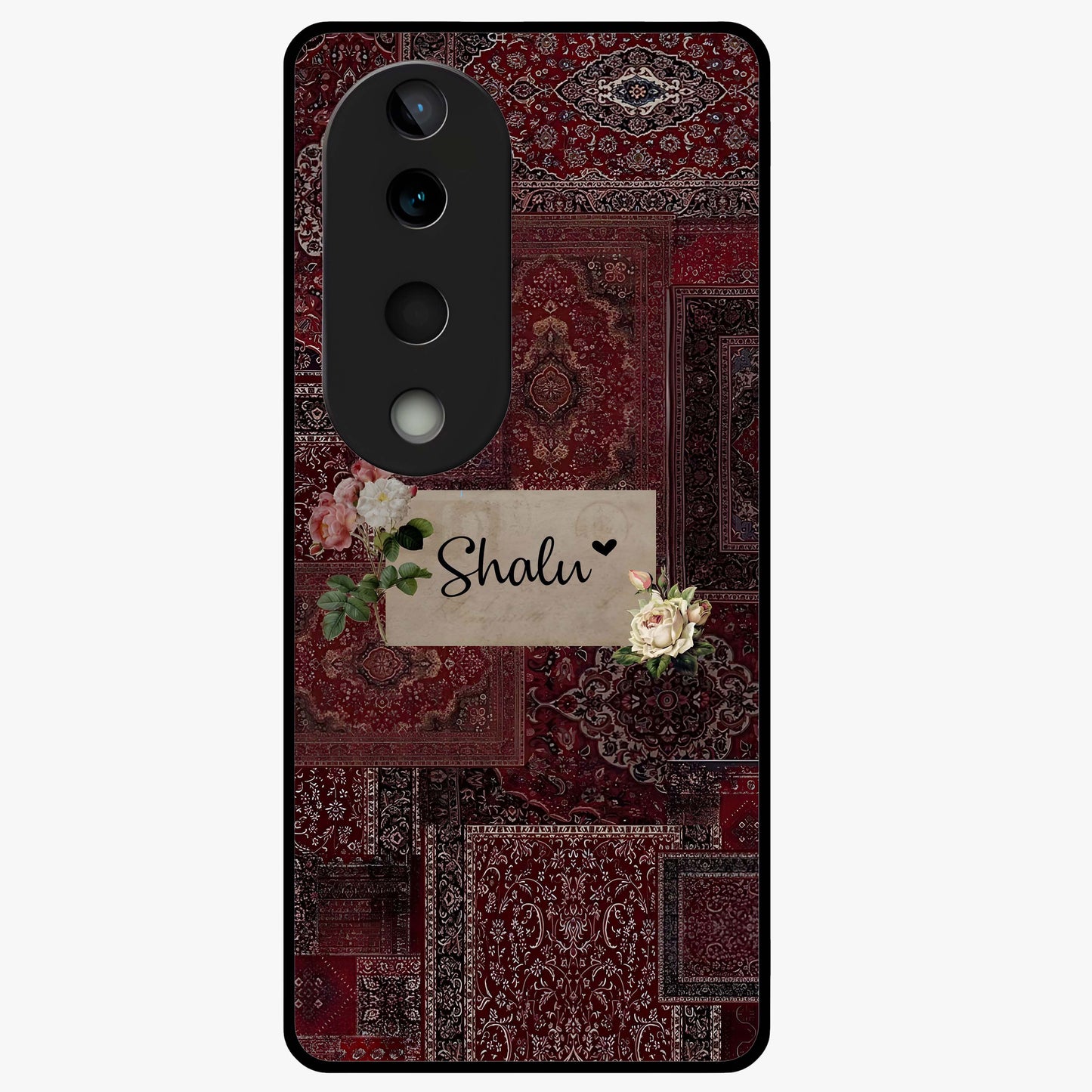 Velvet Wine Pattern Custom Name Glass Case showing flat back view with elegant wine colored pattern artwork and personalized name design.
