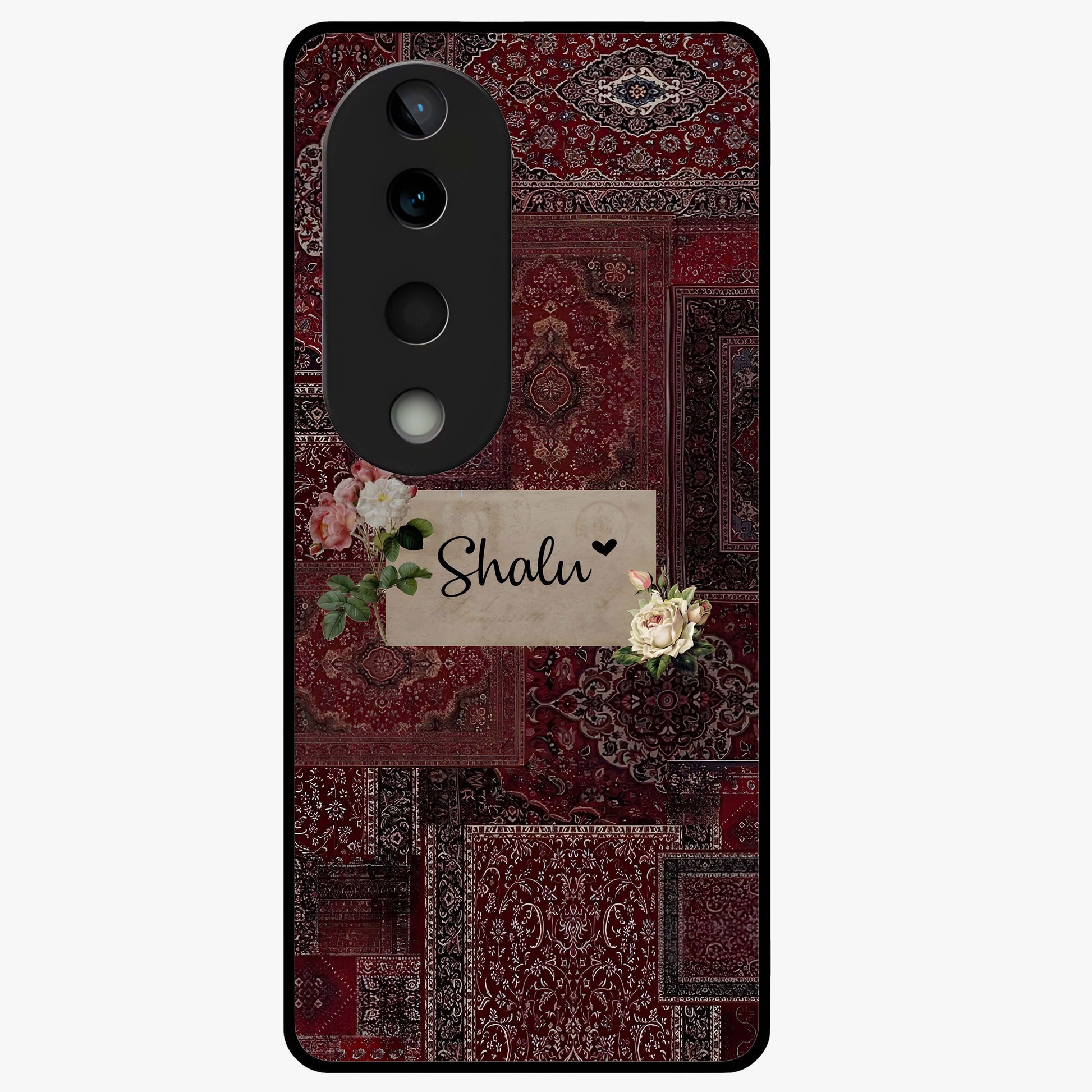 Velvet Wine Pattern Custom Name Glass Case showing flat back view with elegant wine colored pattern artwork and personalized name design.