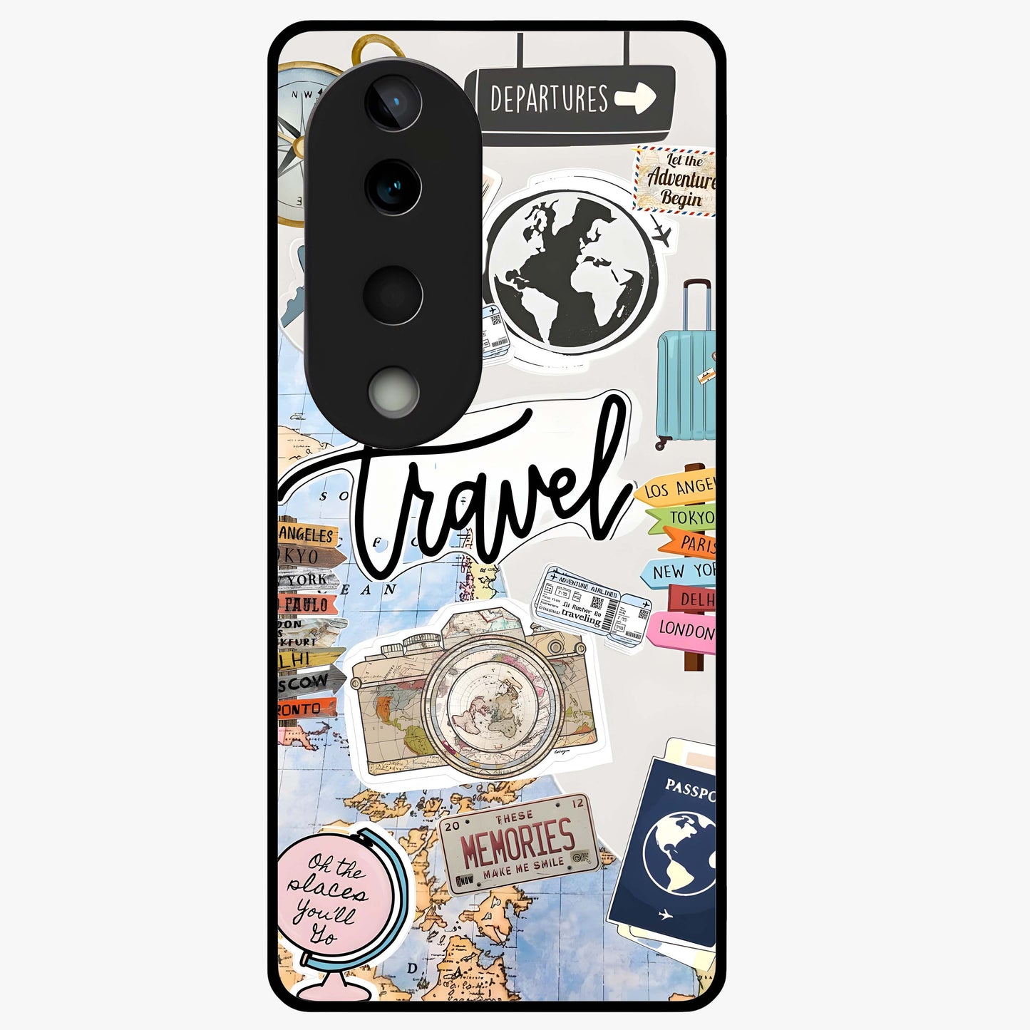 Wanderlust Journal Glass Case showing flat back view with travel inspired artwork and glossy glass finish.