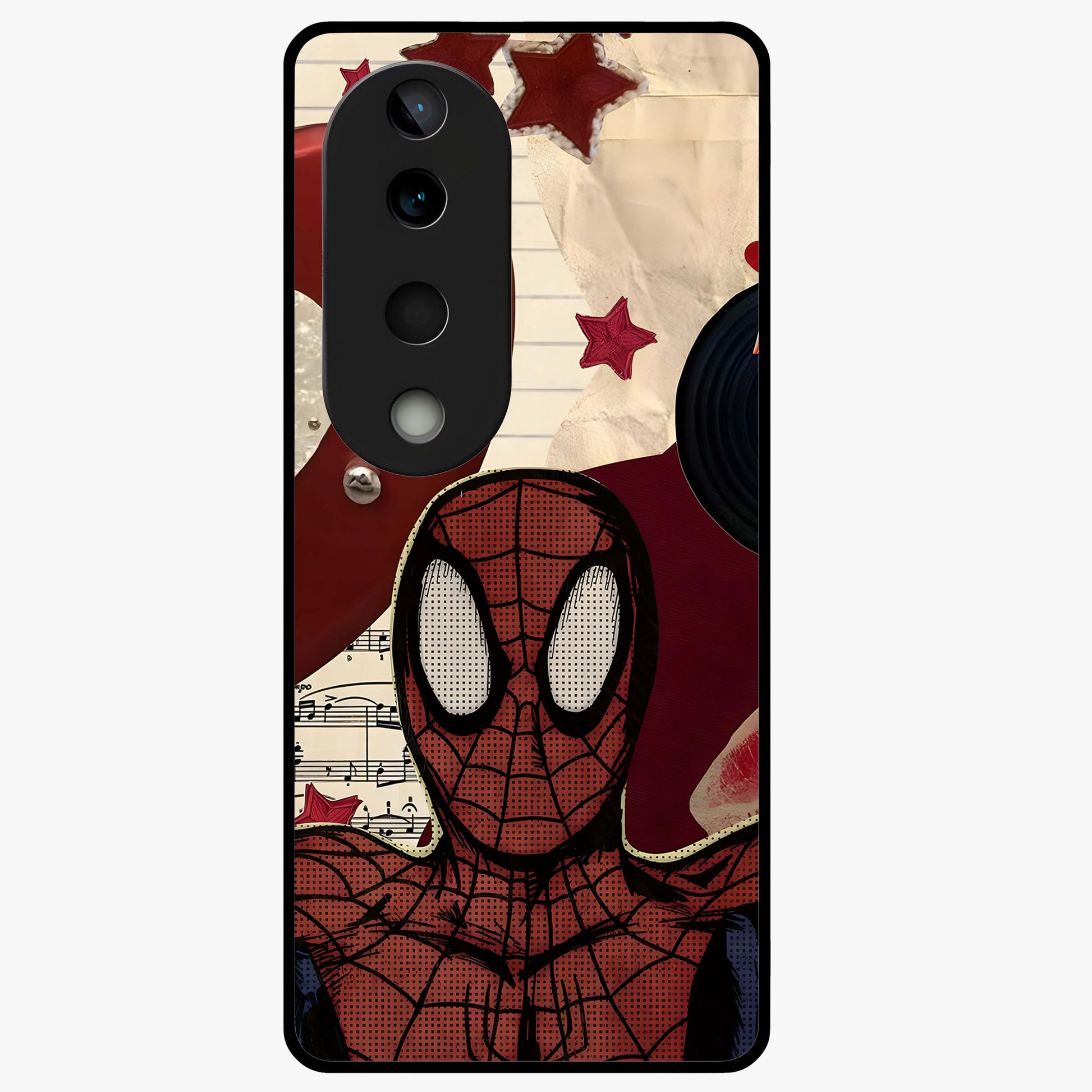 Web Warrior Vibes Glass Case showing flat back view with superhero inspired web themed artwork and glossy glass finish.