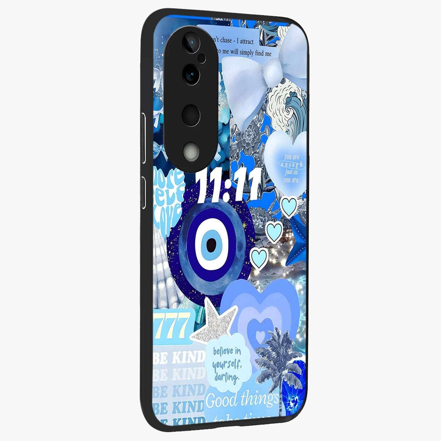 Aesthetic Be Kind Eye Glass Case upright view showcasing stylish eye illustration with positive message theme.