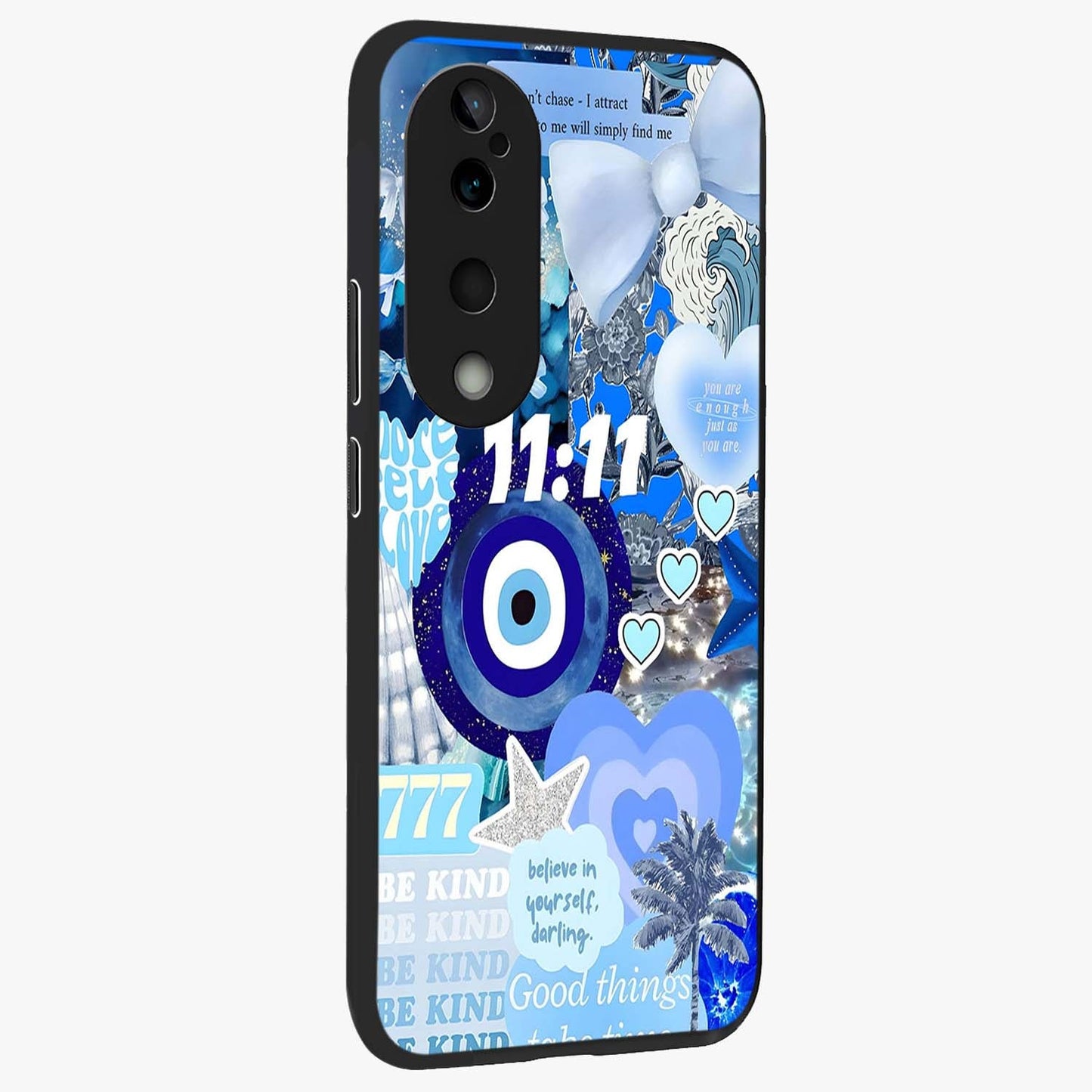 Aesthetic Be Kind Eye Glass Case upright view showcasing stylish eye illustration with positive message theme.