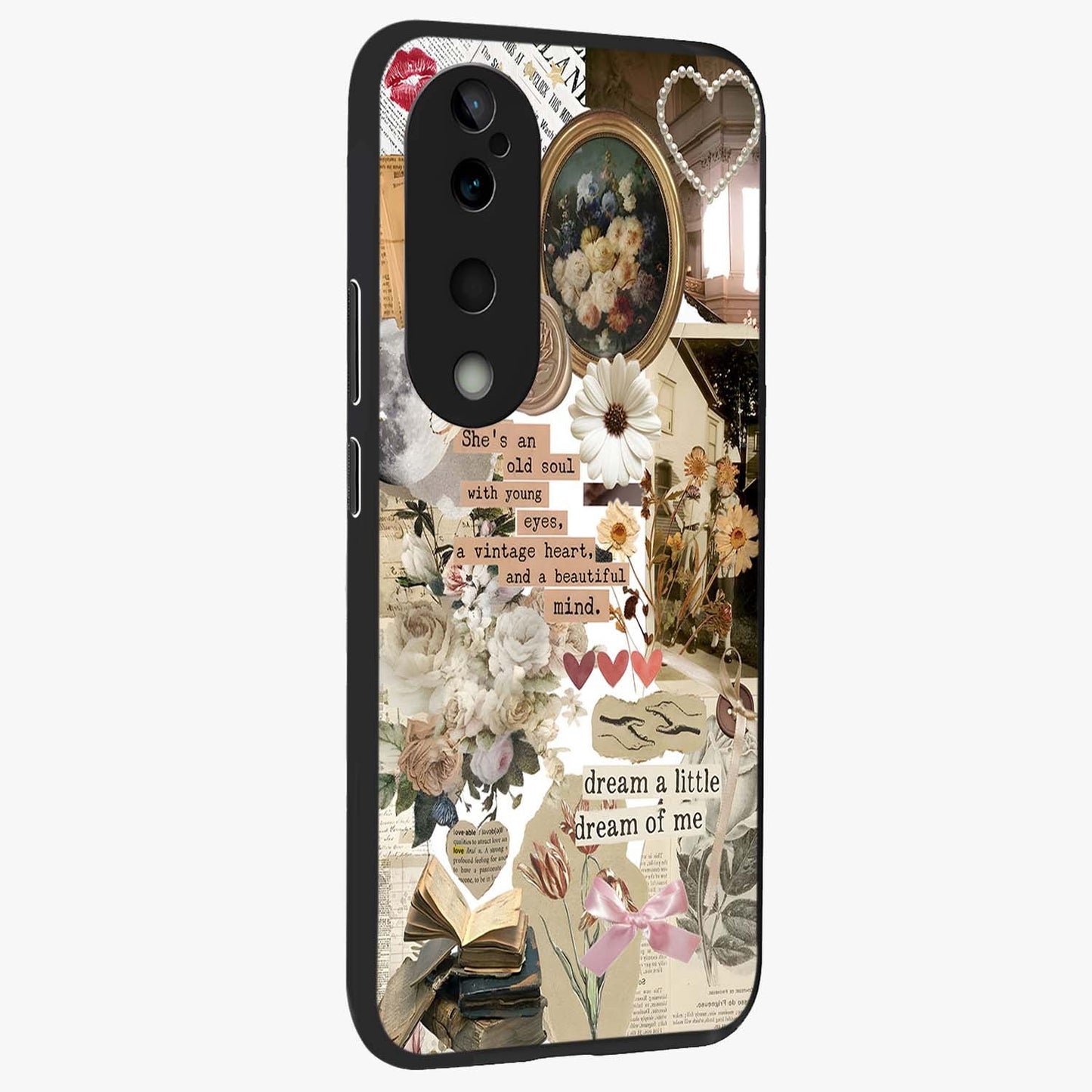 Aesthetic Brown Vintage Collage Glass Case upright view showcasing nostalgic retro artwork with stylish vintage theme.