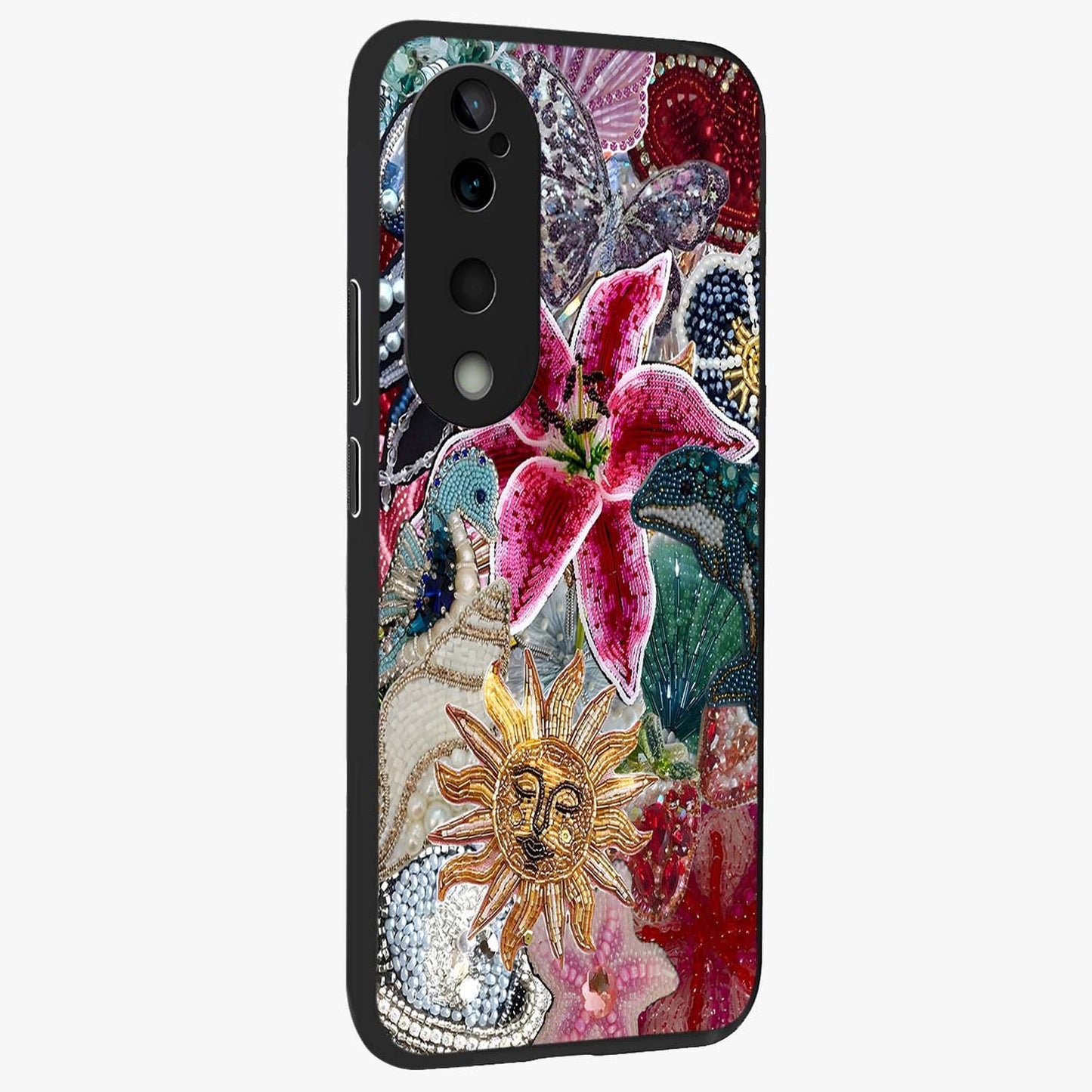 Beaded Garden Fantasy Glass Case upright view showcasing whimsical garden aesthetic with artistic bead details.