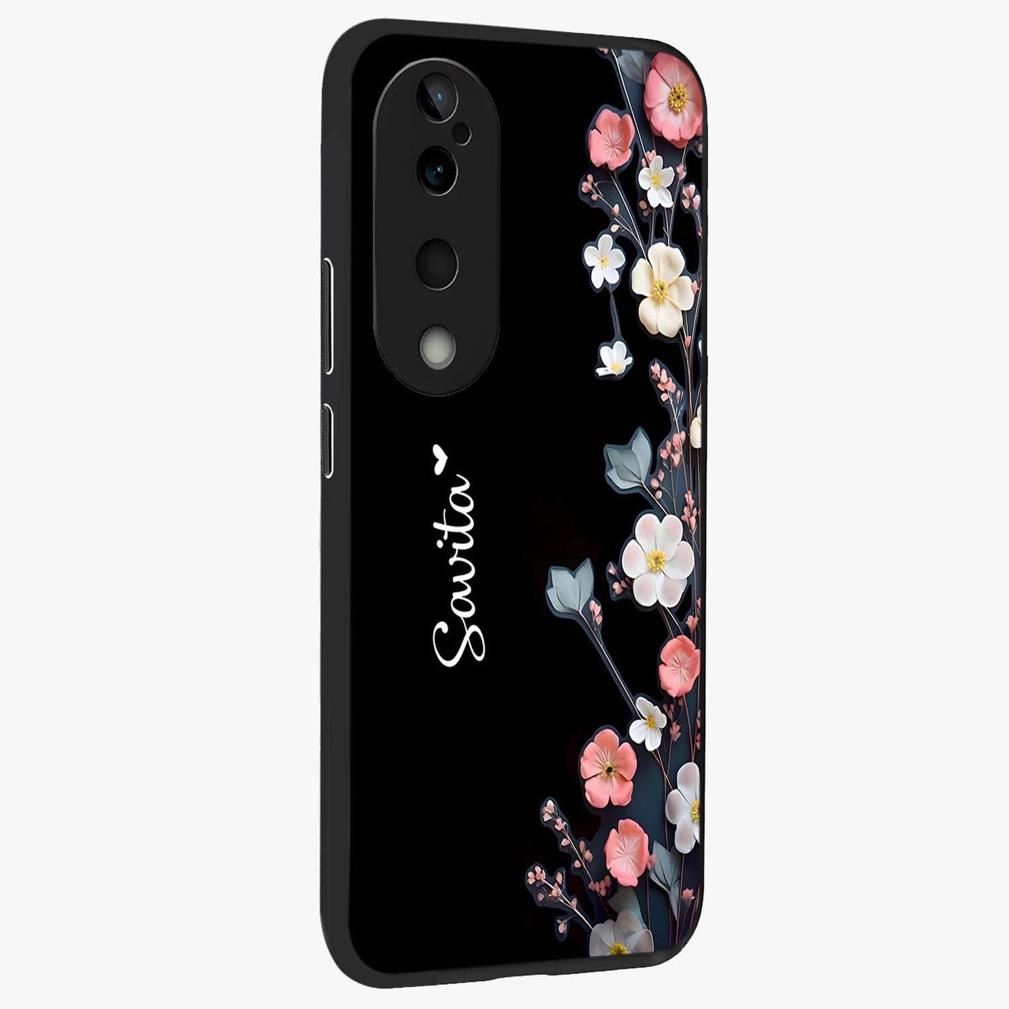 Black Elegance Floral Custom Name Glass Case upright view showcasing luxurious black floral design with personalized name detail.