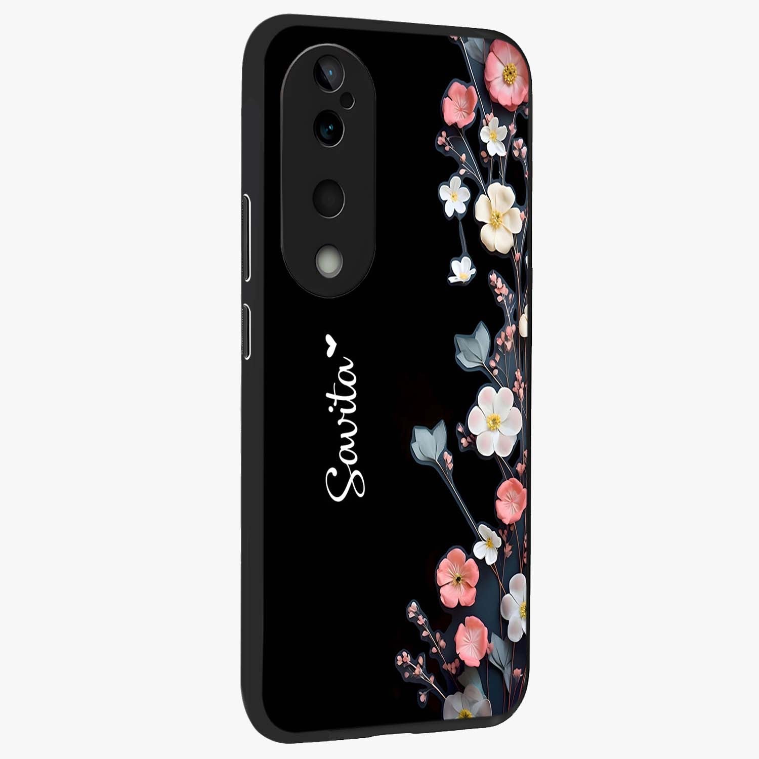 Black Elegance Floral Custom Name Glass Case upright view showcasing luxurious black floral design with personalized name detail.