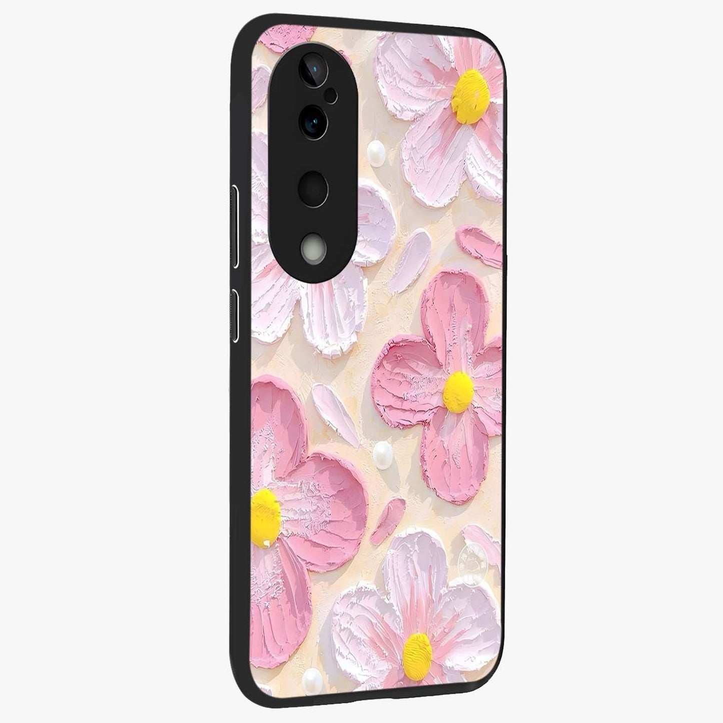 Blush Bloom Texture Glass Case upright view showcasing delicate blush floral texture with modern minimal style.