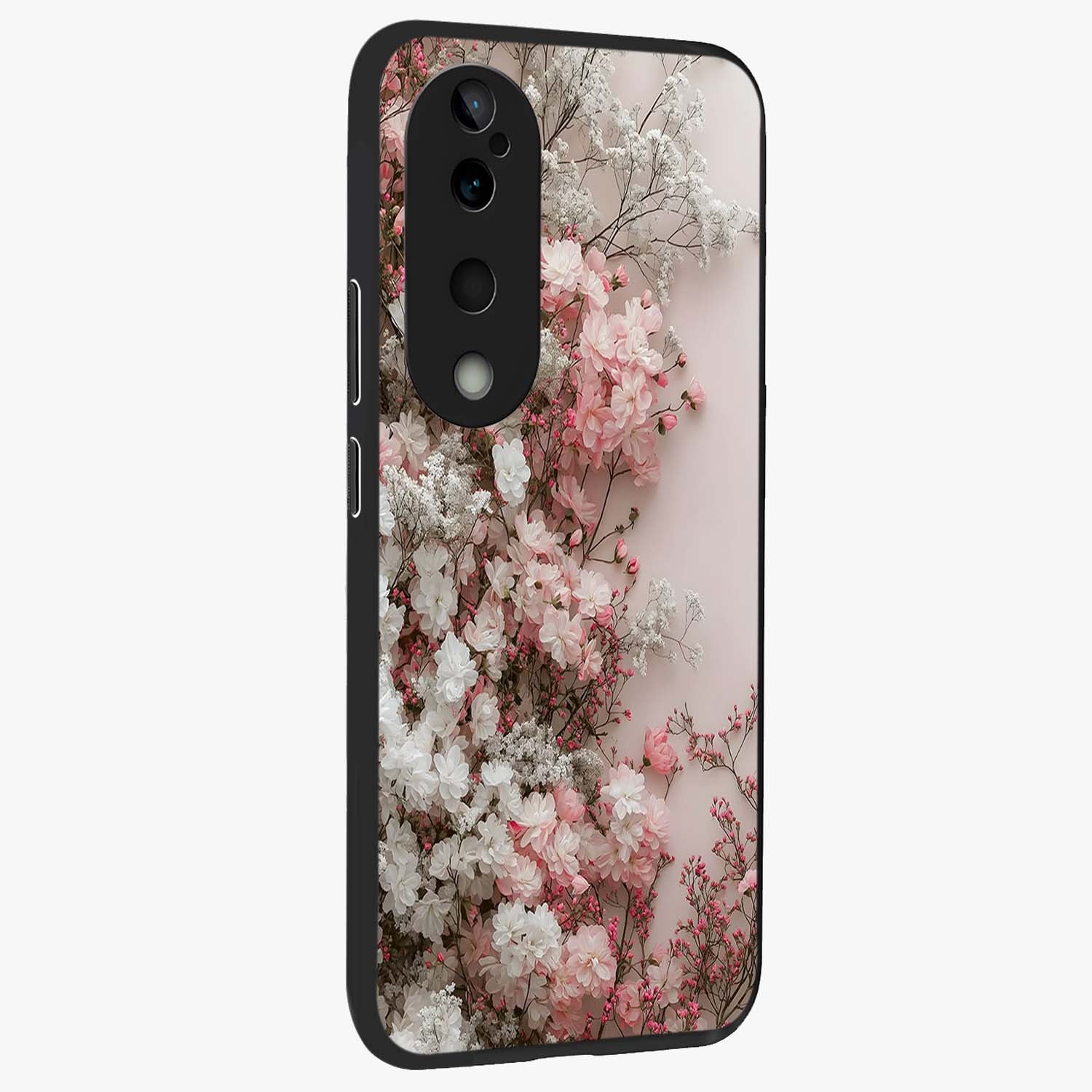 Blush Blossom Cloud Glass Case upright view showcasing calm floral cloud artwork with gentle dreamy theme.