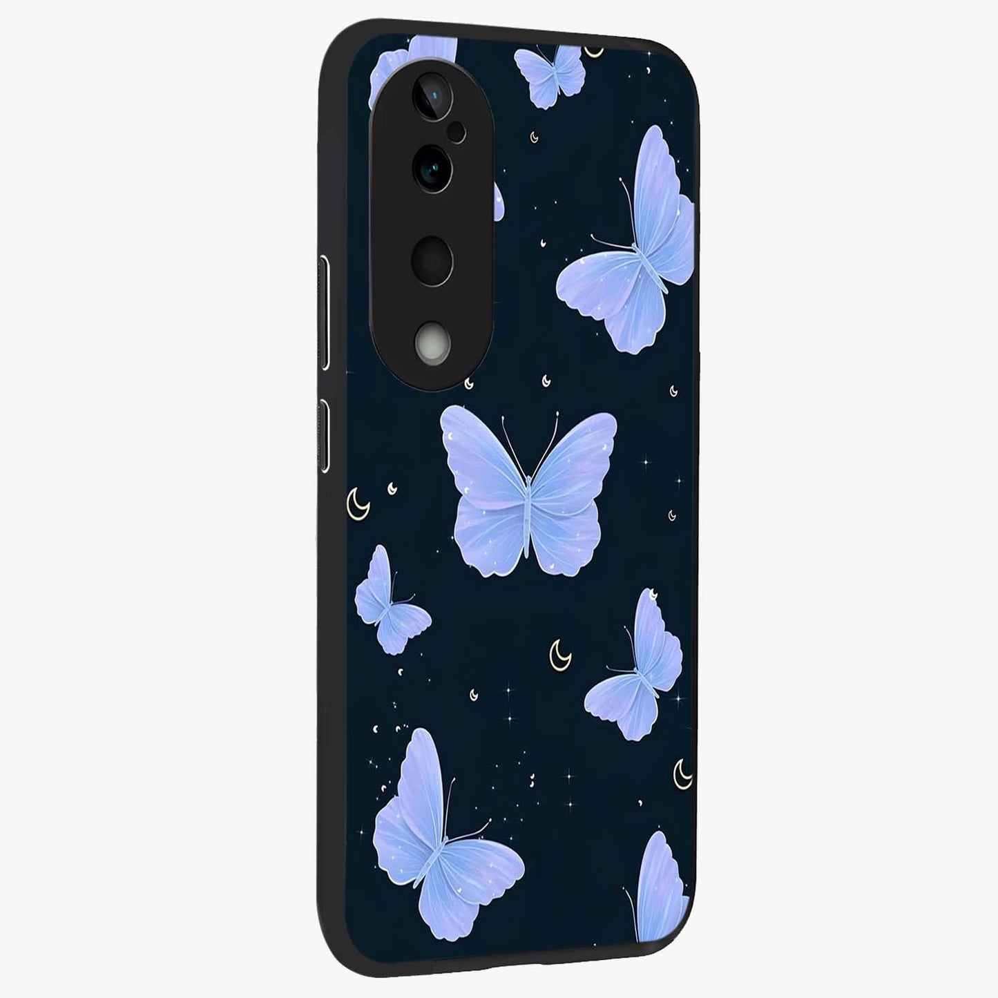 Butterfly With Stars Pattern Glass Case upright view showcasing celestial butterfly artwork with sparkling star elements.