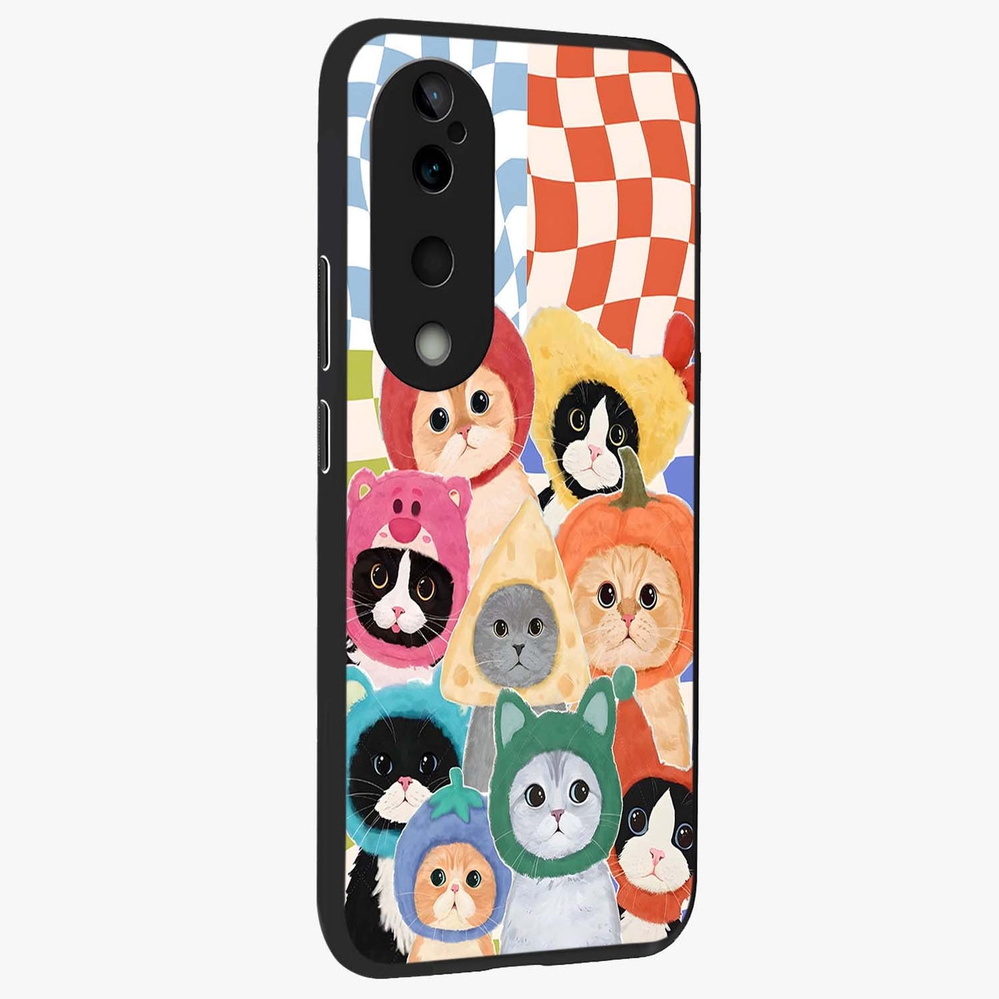 Cats in Fruits Glass Case upright view showcasing charming cat artwork with fun fruity theme.