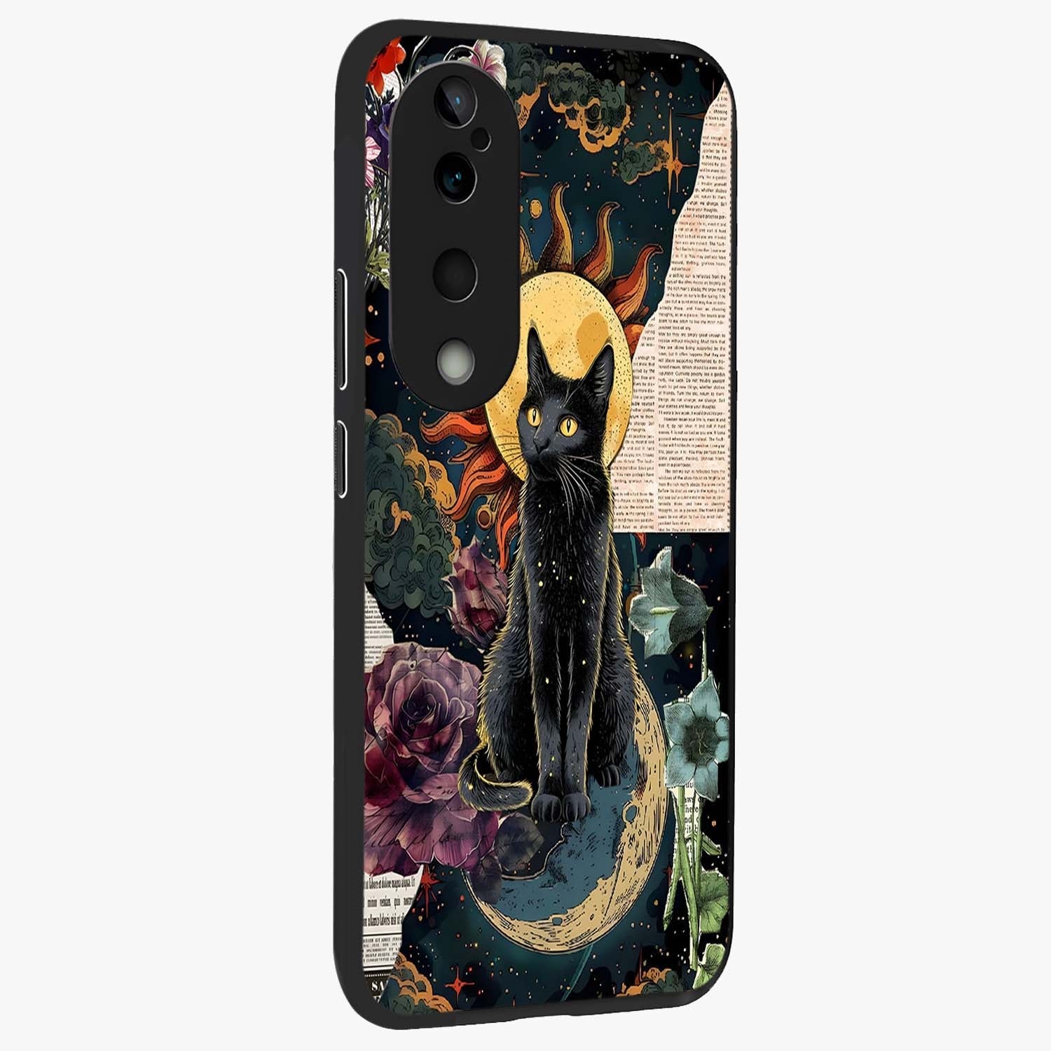 Celestial Black Cat Glass Case upright view showcasing magical black cat illustration with starry cosmic theme.