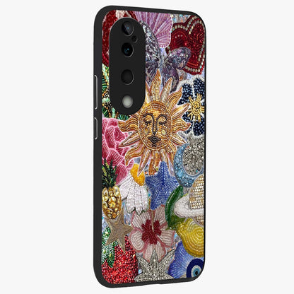 Celestial Floral and Playful Glass Case upright view showcasing whimsical floral artwork with cosmic aesthetic theme.