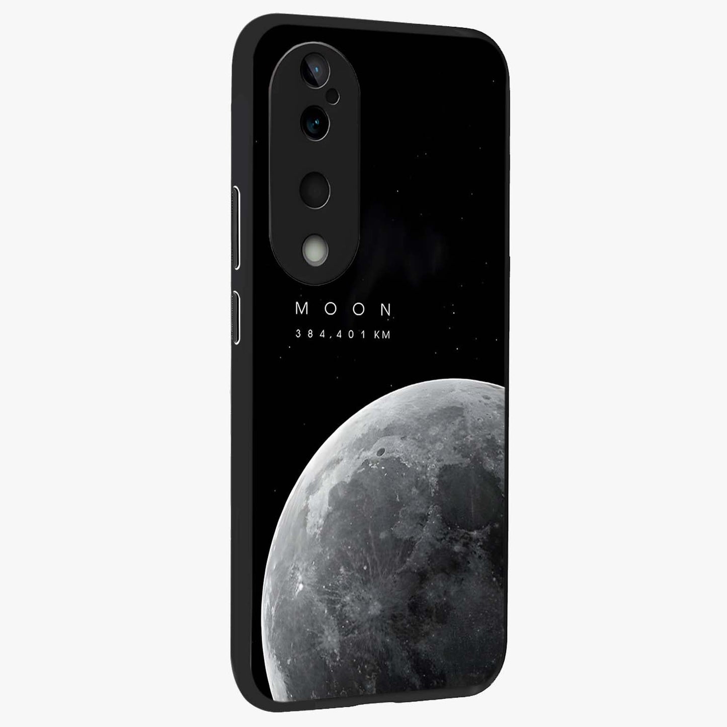 Cosmic Moon Glow Glass Case upright view showcasing luminous moon illustration with dreamy cosmic style.