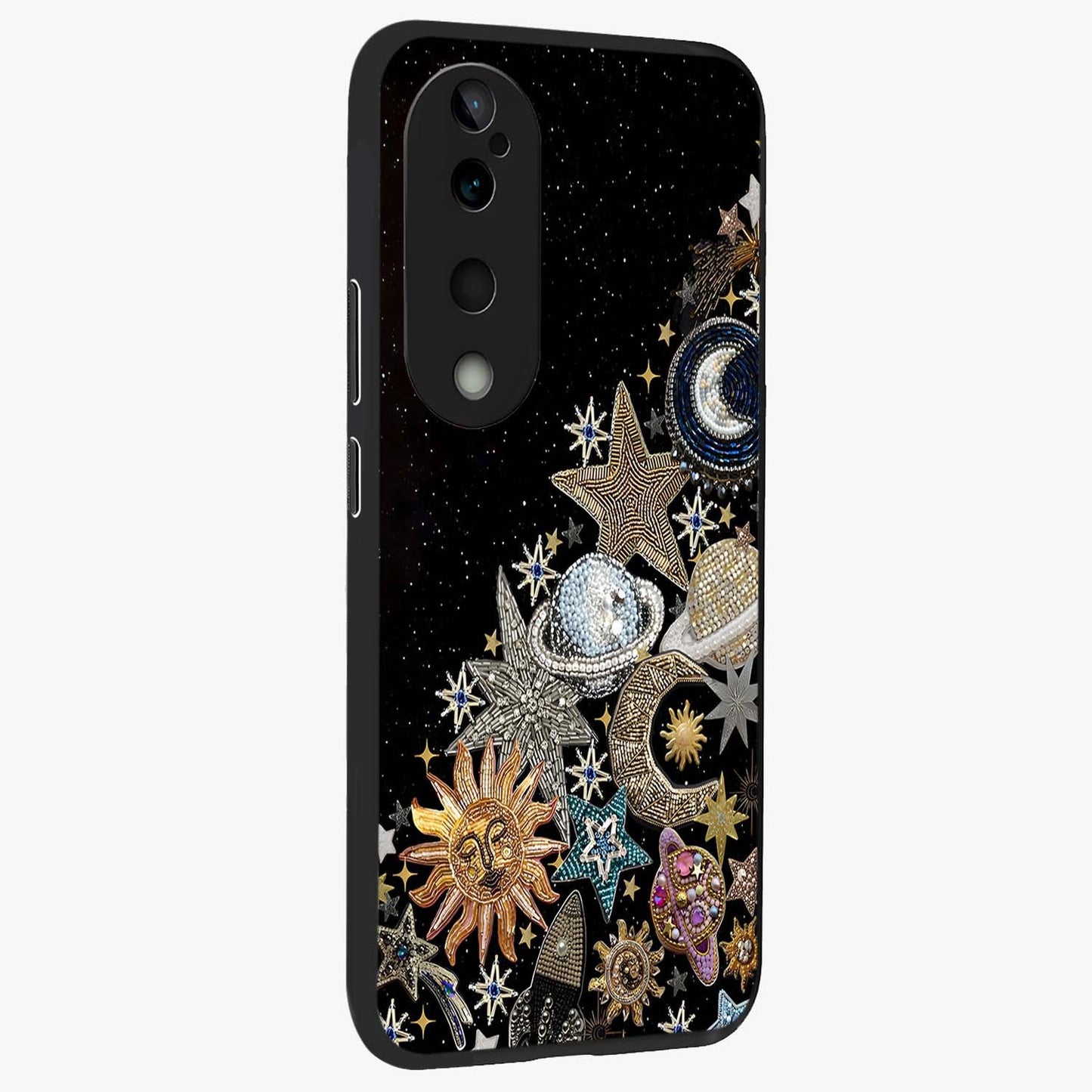 Cosmic Sparkle Dreams Glass Case upright view showcasing glowing cosmic artwork with magical galaxy theme.