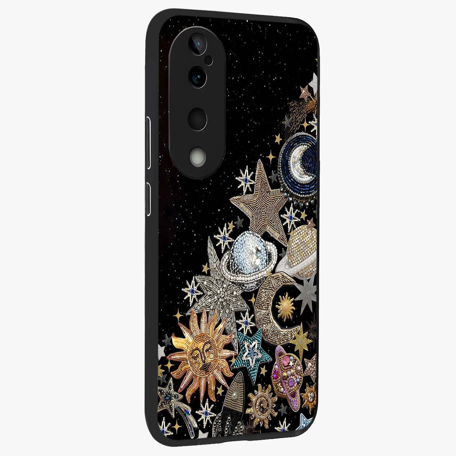 Cosmic Sparkle Dreams Glass Case upright view showcasing glowing cosmic artwork with magical galaxy theme.