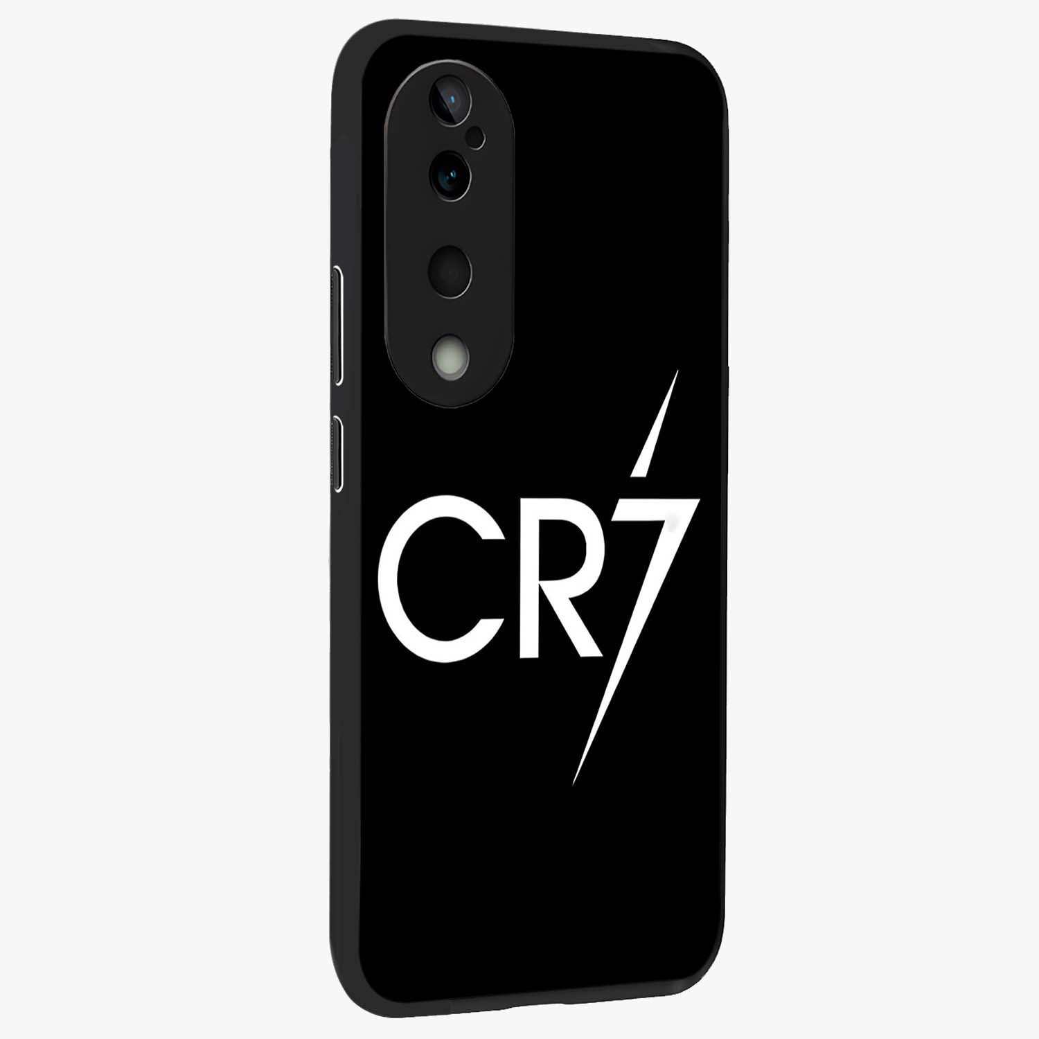 Cr7 Elite Strike Glass Case upright view showcasing energetic football inspired design with modern sports aesthetic.