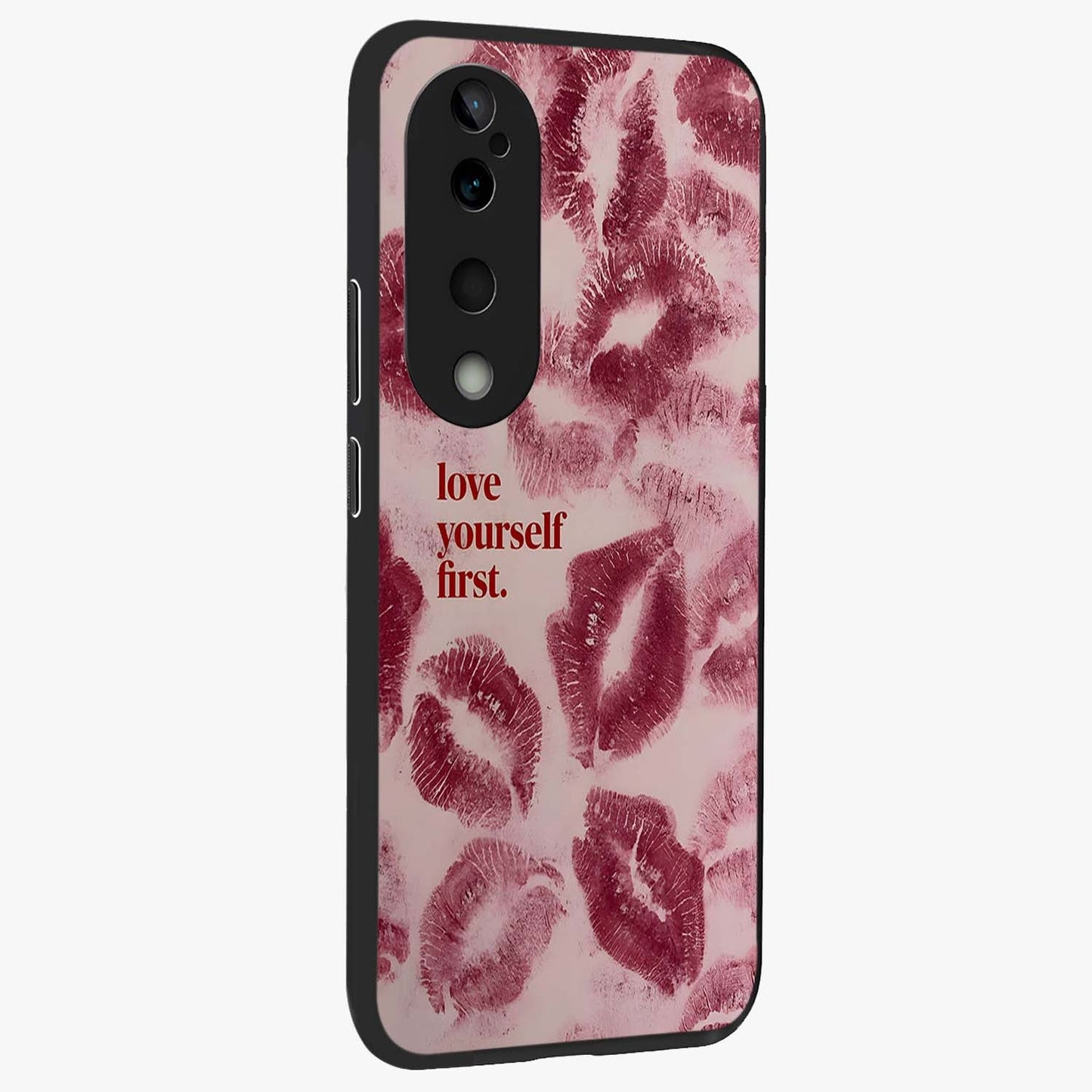 Crimson Kiss Love Glass Case upright view showcasing expressive romantic artwork with deep crimson theme.