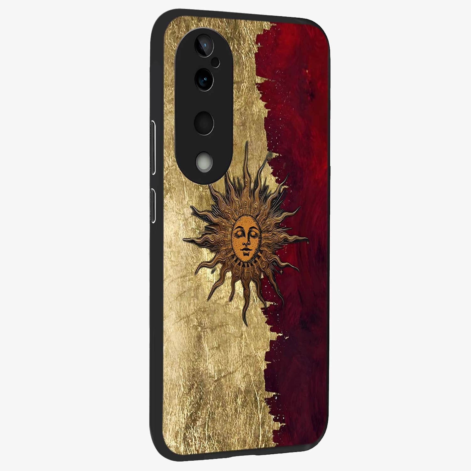 Crimson Sun Majesty Glass Case upright view showcasing vibrant sun artwork with powerful celestial theme.