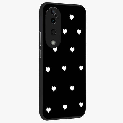 Cute And Simple White Hearts Glass Case upright view showcasing simple white hearts artwork with soft minimal theme.