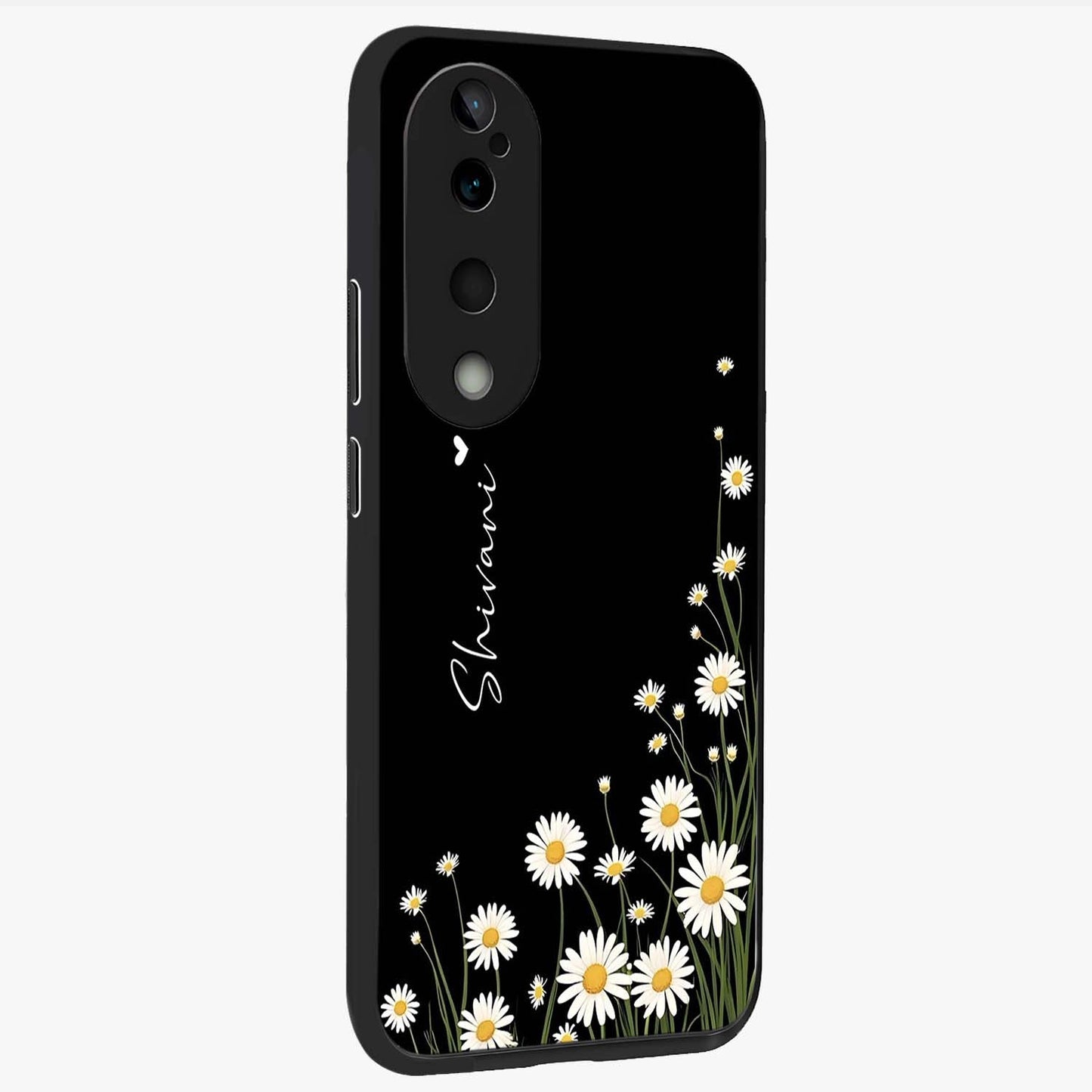 Daisy Cascade Custom Name Glass Case upright view showcasing elegant floral cascade design with personalized aesthetic.