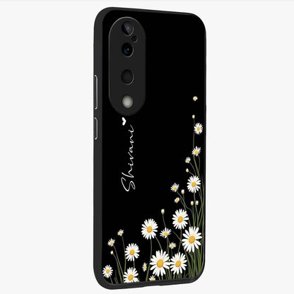 Daisy Cascade Custom Name Glass Case upright view showcasing elegant floral cascade design with personalized aesthetic.