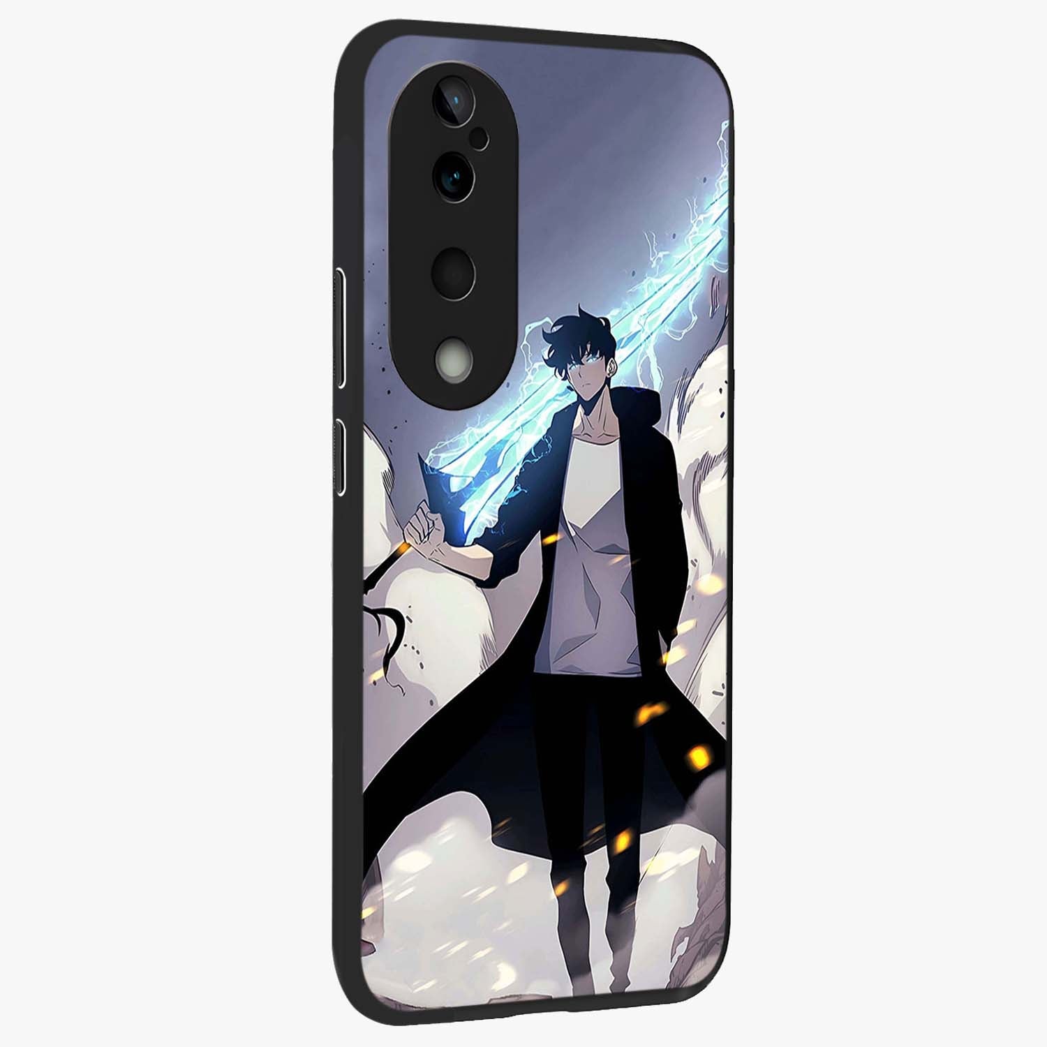 Dark Lightning Anime Warrior Glass Case upright view showcasing dramatic warrior artwork with dark lightning aesthetic.
