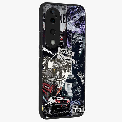 Die Young Glass Case upright view showcasing striking typography artwork with modern statement theme.