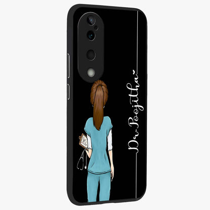 Doctor Pattern Custom Name Glass Case upright view showcasing healthcare themed design with personalized aesthetic.