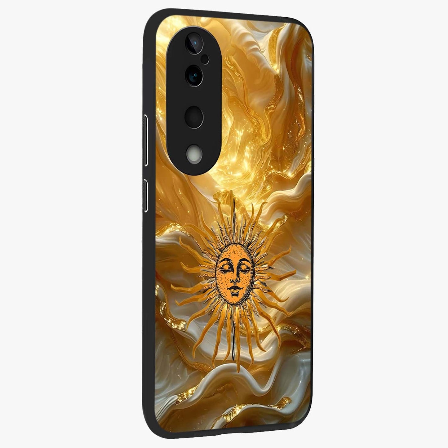 Eternal Golden Glow Glass Case upright view showcasing luminous golden artwork with luxurious visual theme.