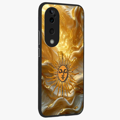 Eternal Golden Glow Glass Case upright view showcasing luminous golden artwork with luxurious visual theme.