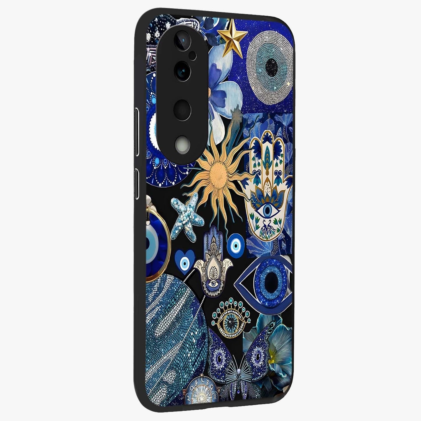 Evil Eye Charm Mix Glass Case upright view showcasing mystical evil eye pattern with vibrant decorative style.