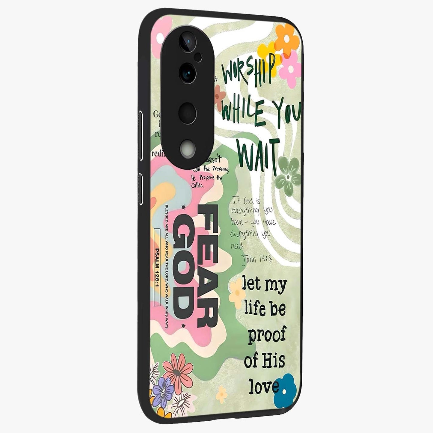 Faith Over Fear Glass Case upright view showcasing bold typography artwork with uplifting motivational theme.