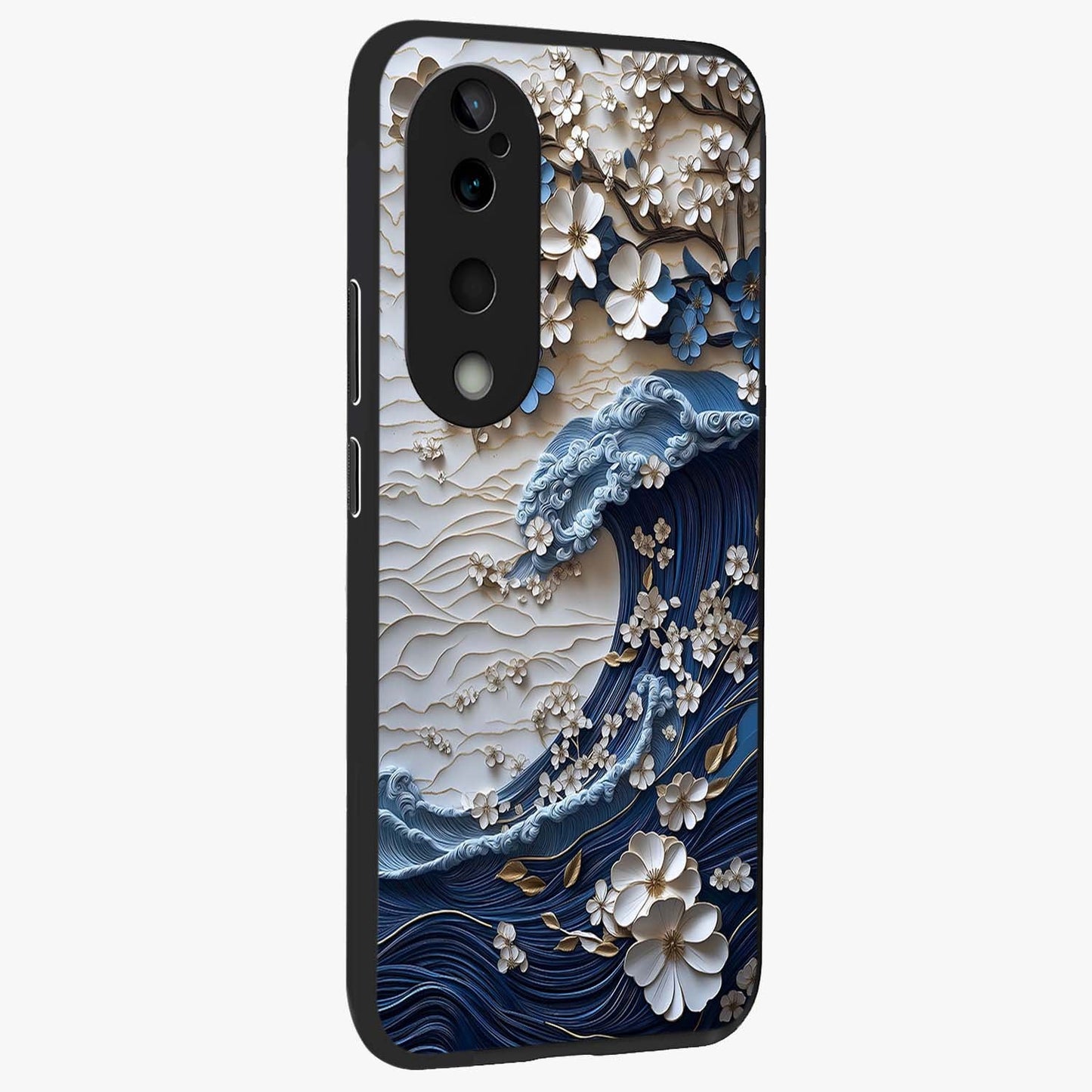 Floral Wave Origami Glass Case upright view showcasing creative floral origami artwork with artistic decorative theme.