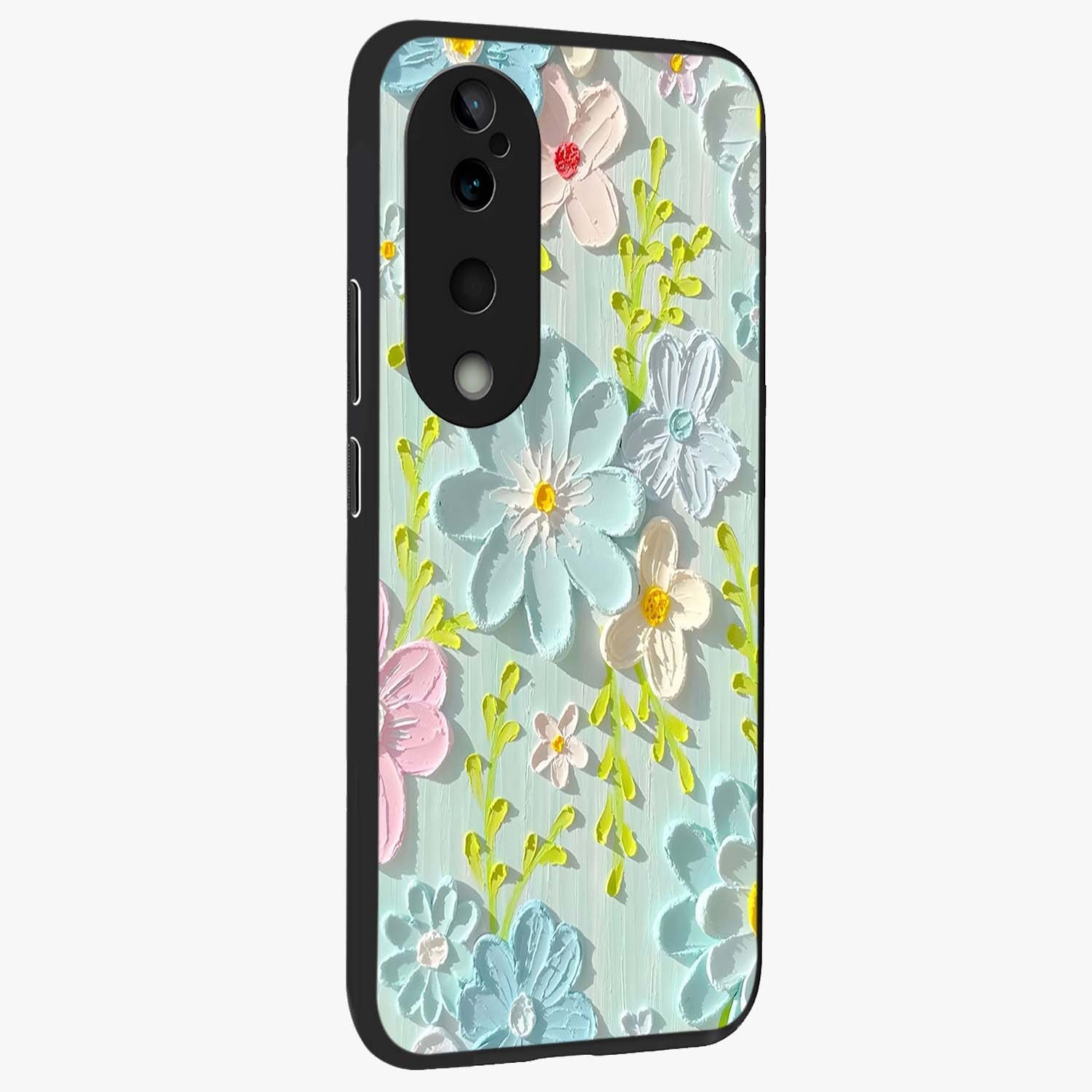 Frosted Petal Garden Glass Case upright view showcasing elegant floral garden artwork with soothing pastel theme.