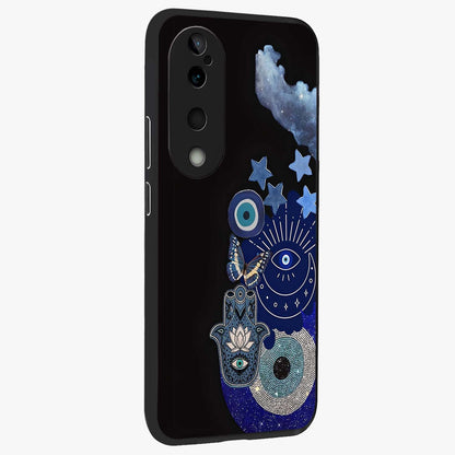 Galactic Charm Cluster Glass Case upright view showcasing glowing cosmic charm artwork with magical celestial style.