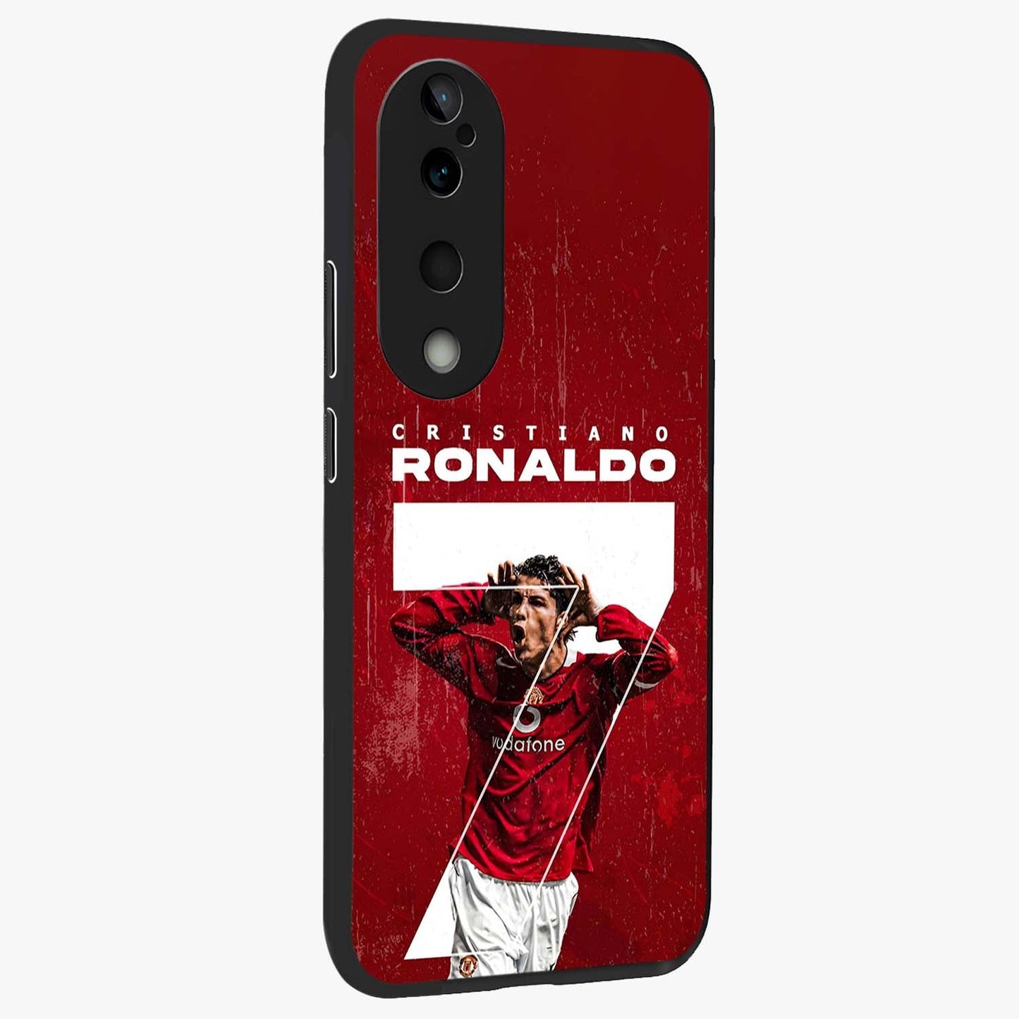 Goal Celebration Legacy Glass Case upright view showcasing dynamic football inspired artwork with victory celebration aesthetic.