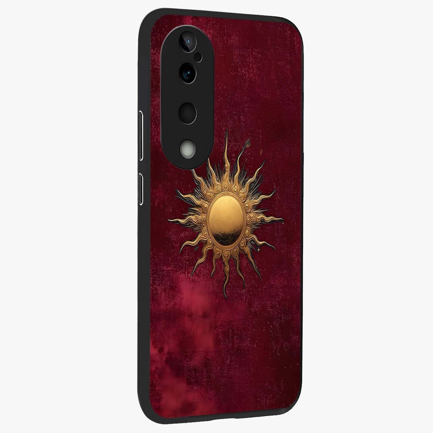 Golden Sun Minimalism Glass Case upright view showcasing simple golden sun artwork with elegant minimalist style.