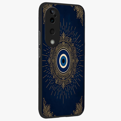 Golden Celestial Charm Glass Case upright view showcasing radiant celestial artwork with elegant golden theme.