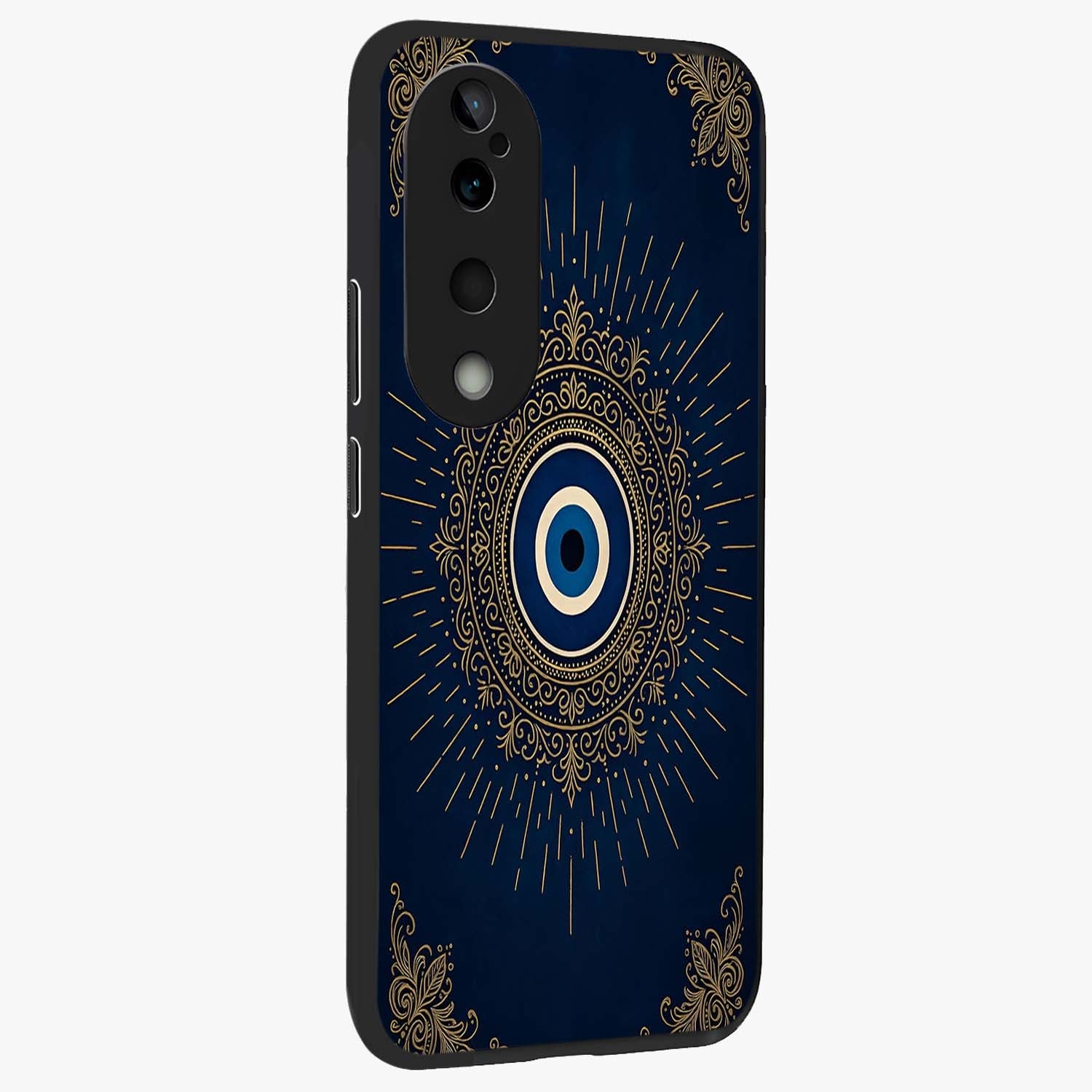 Golden Celestial Charm Glass Case upright view showcasing radiant celestial artwork with elegant golden theme.