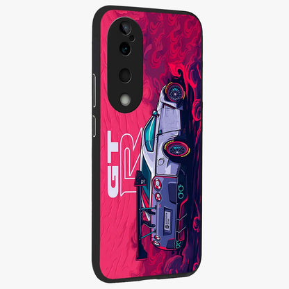 GT-R Car Pattern Glass Case upright view showcasing dynamic car pattern artwork with modern sports theme.