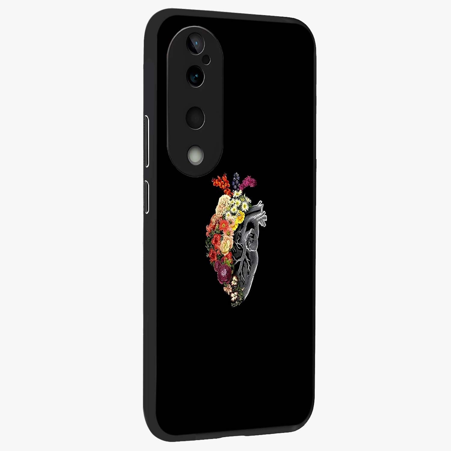 Heart With Flowers Glass Case upright view showcasing decorative heart and floral artwork with sweet romantic theme.