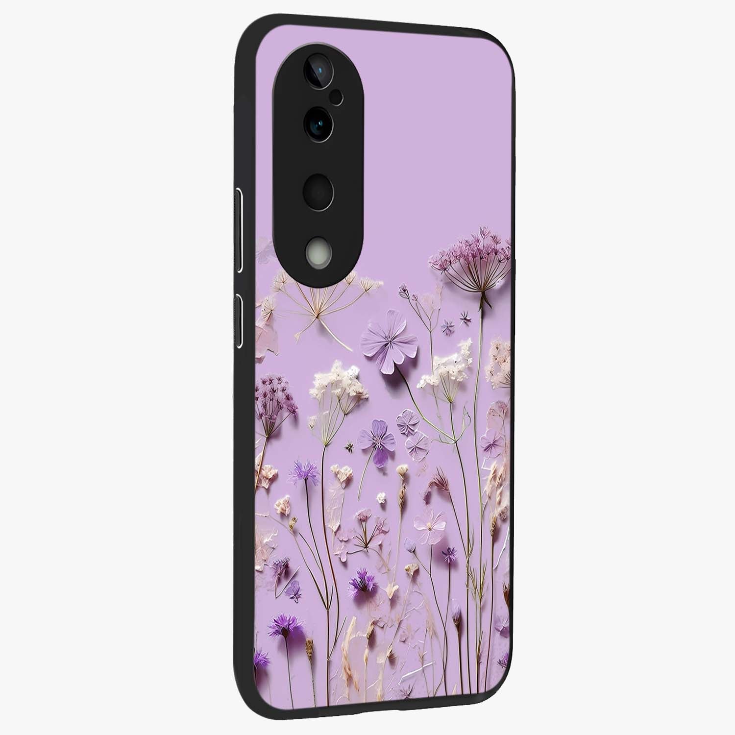 Lavender Blossom Dream Glass Case upright view showcasing delicate lavender blossom artwork with peaceful floral theme.