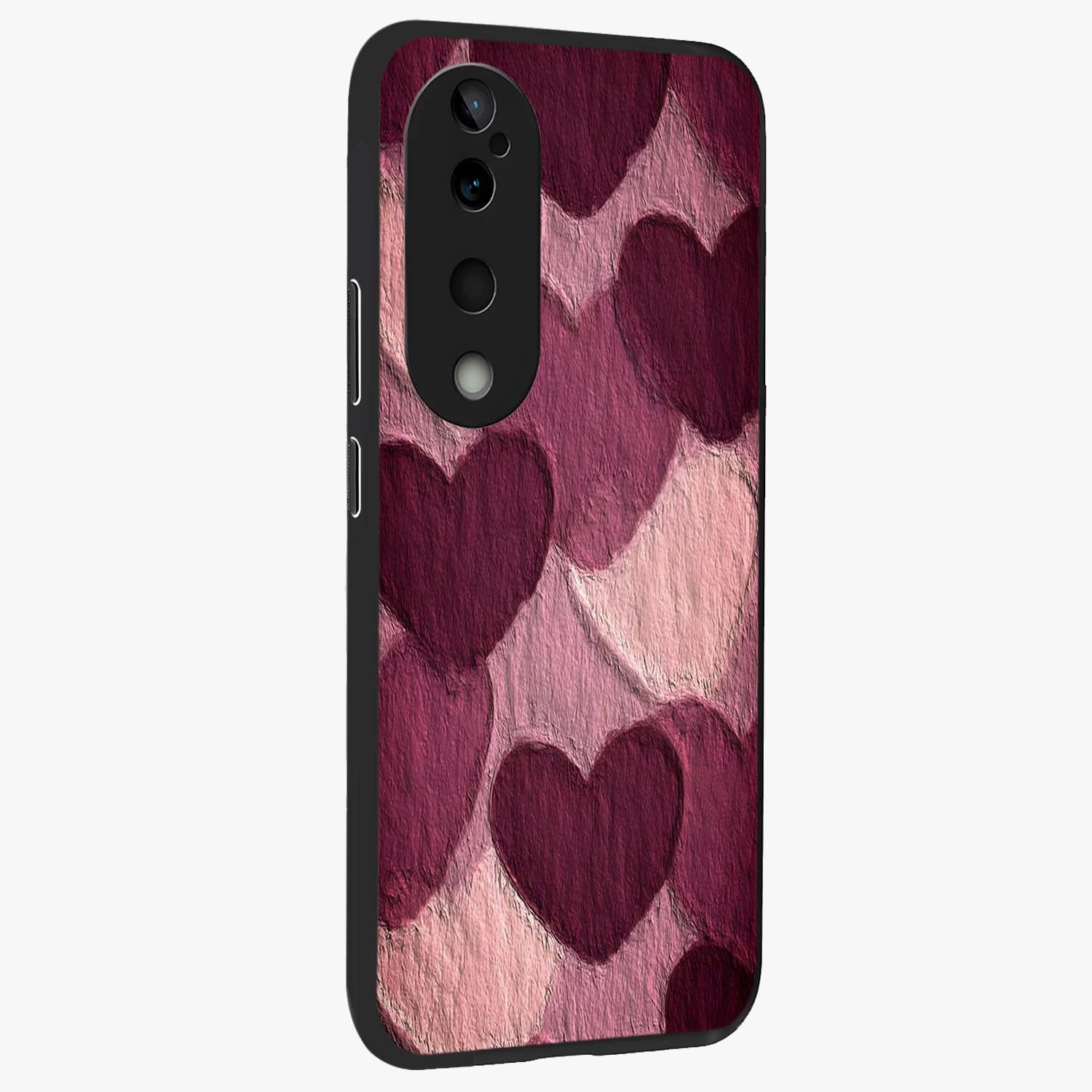 Layered Paper Hearts Glass Case upright view showcasing decorative layered heart artwork with sweet love theme.