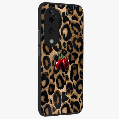 Leopard Wild Cherry Glass Case upright view showcasing stylish leopard pattern artwork with trendy fashion theme.