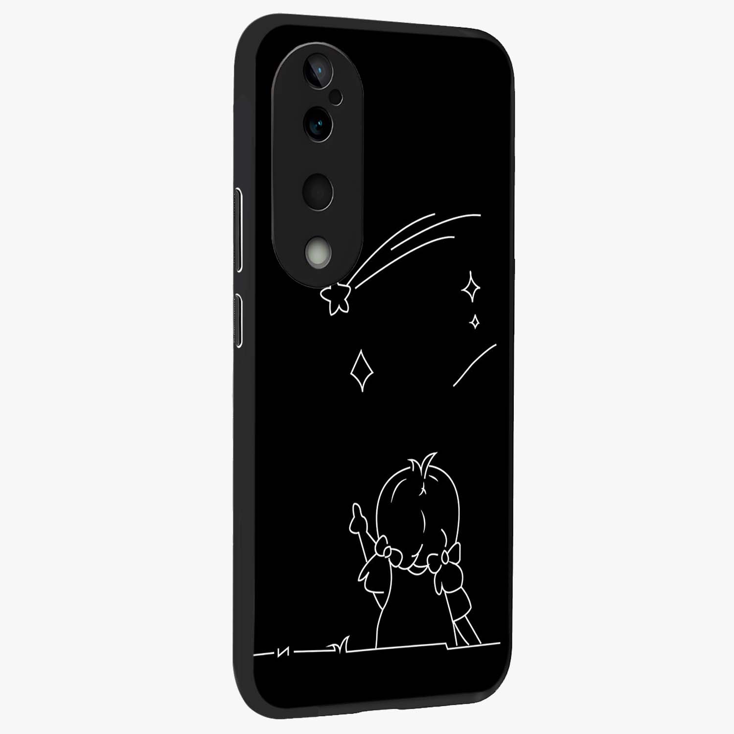 Line Art Girl With Shooting Stars Glass Case upright view showcasing delicate shooting stars artwork with minimal artistic theme.
