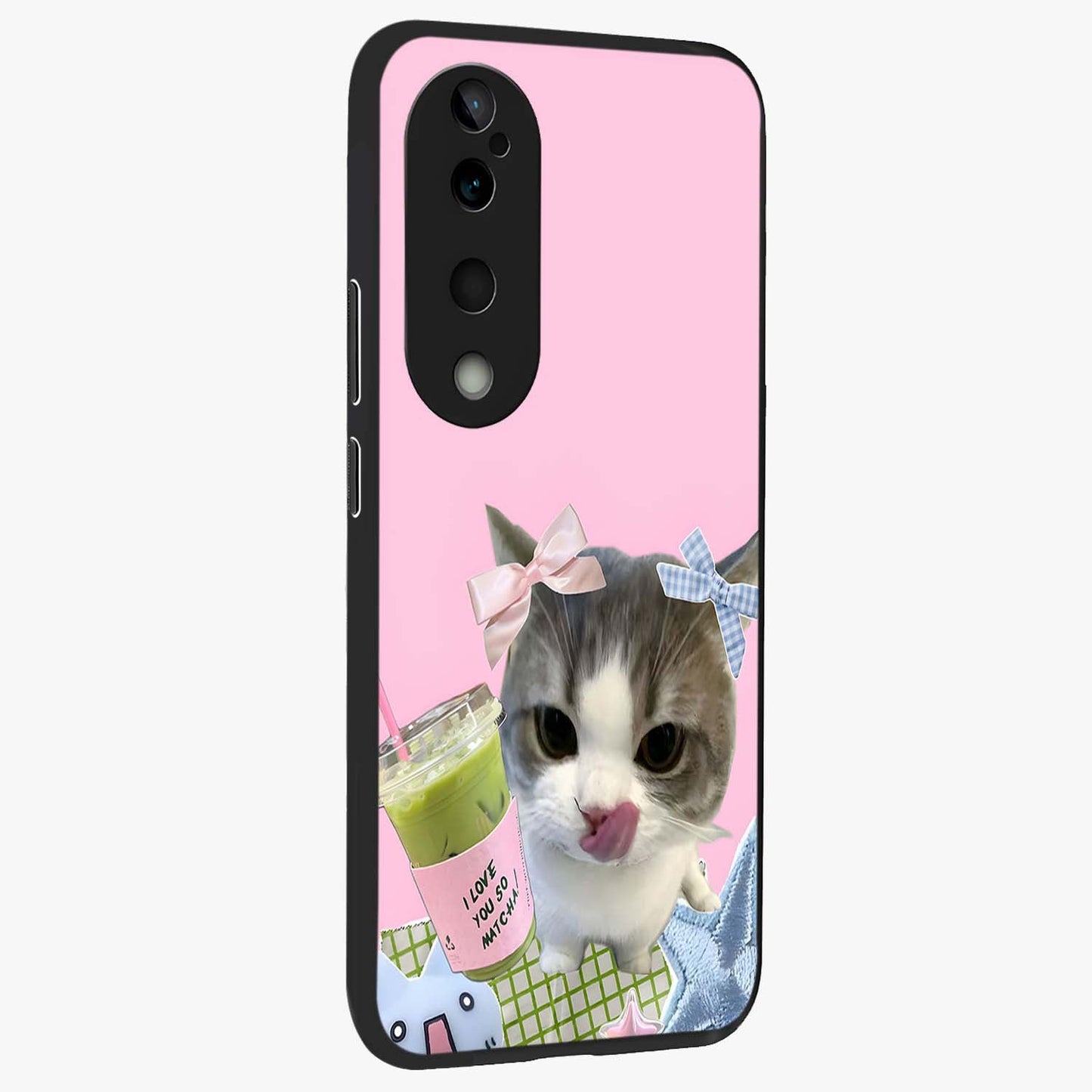 Love Matcha Cat Glass Case upright view showcasing adorable cat artwork with charming matcha themed design.