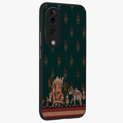 Macmerise Glass Case upright view showcasing bold artistic artwork with contemporary design theme.