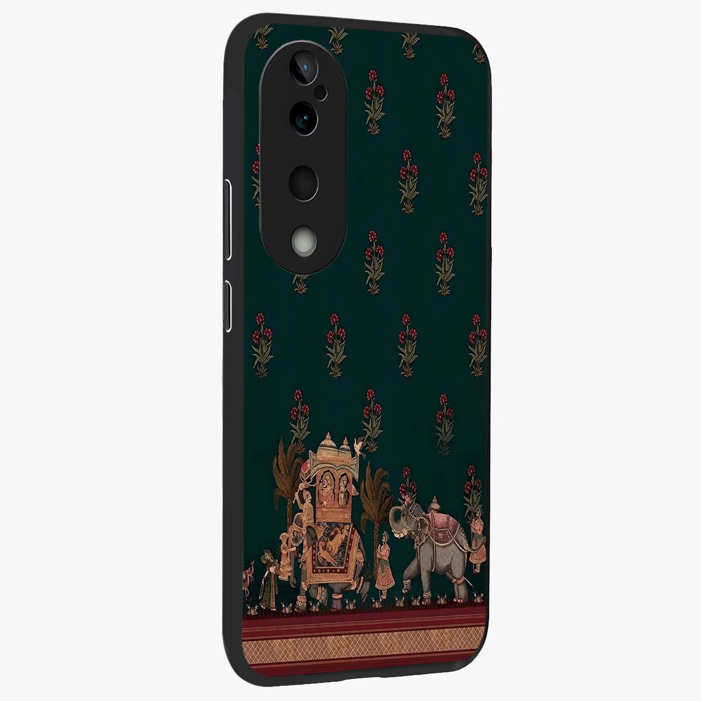 Macmerise Glass Case upright view showcasing bold artistic artwork with contemporary design theme.