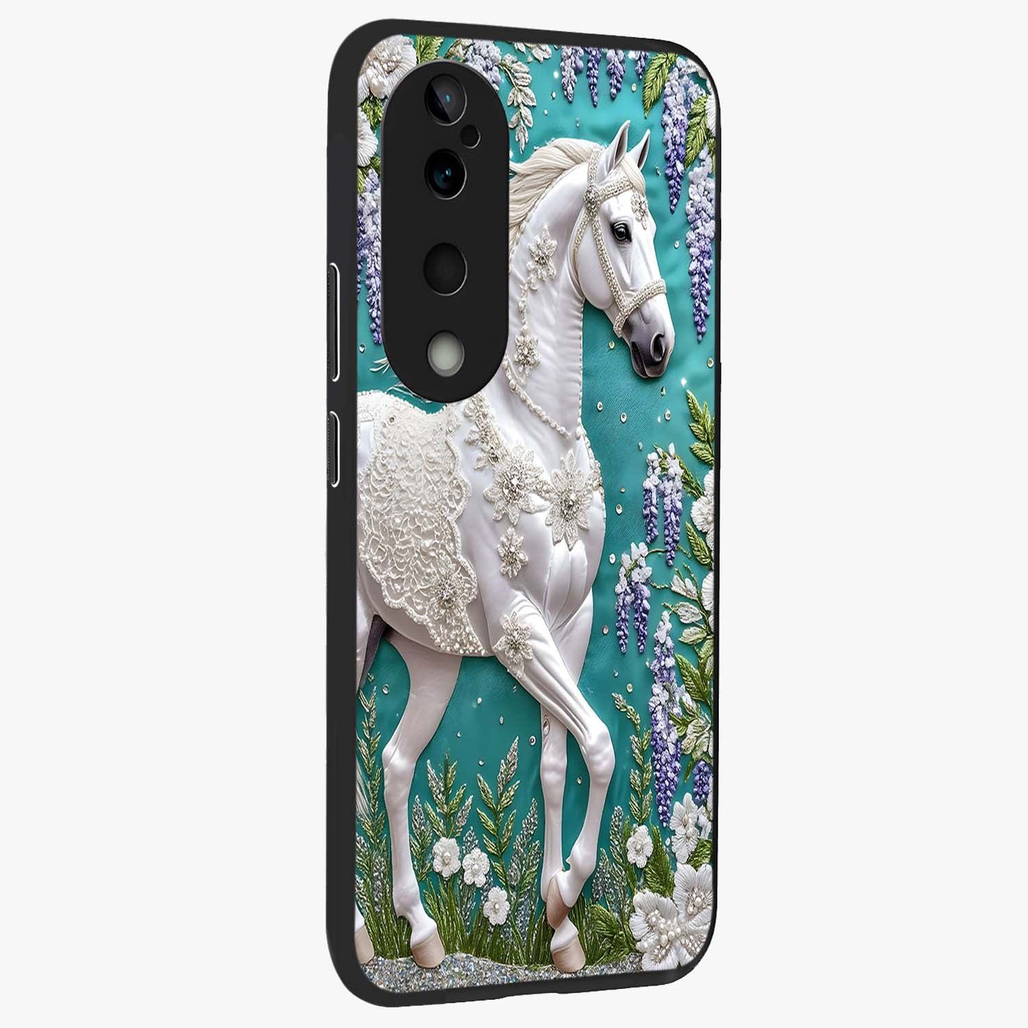 Majestic Floral Stallion Glass Case upright view showcasing dramatic horse artwork with decorative floral theme.